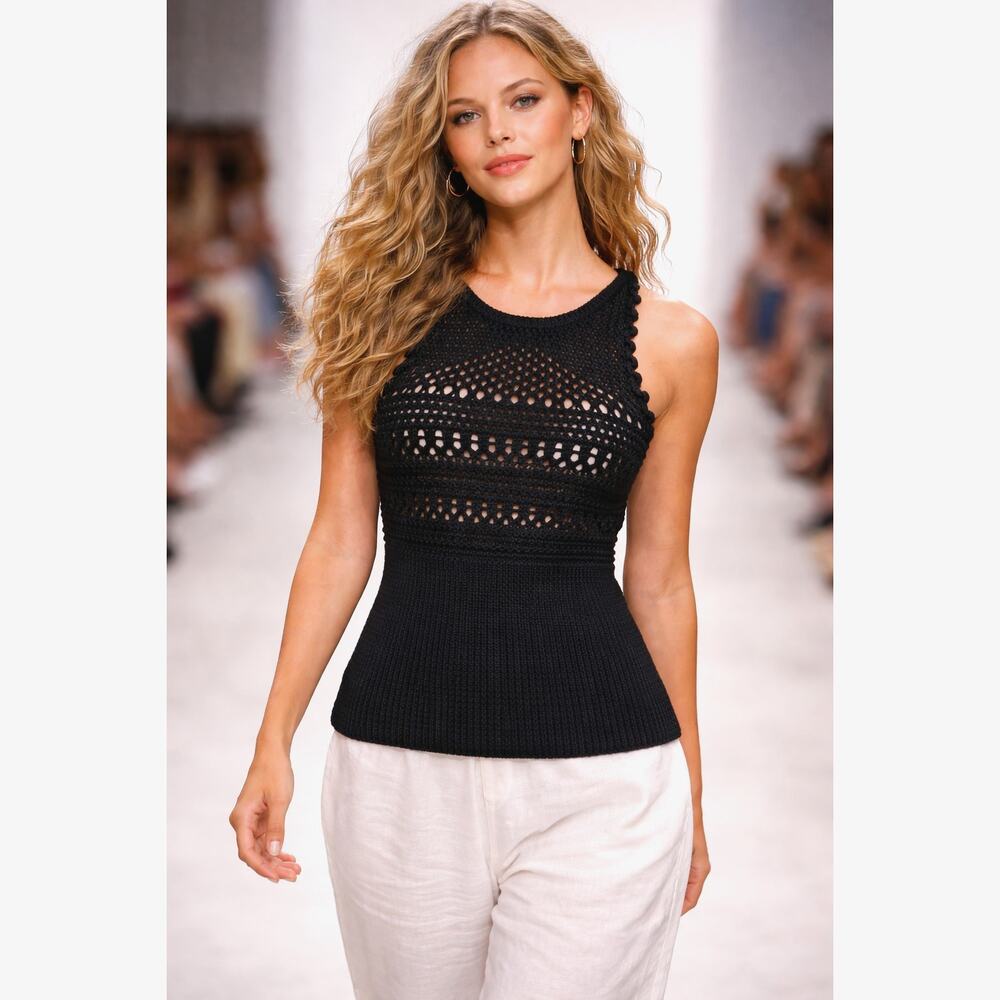 St Roche Crochet Semi Sheer Sleeveless Marilyn Tank Black L
